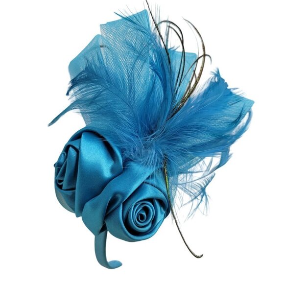 Blue Roses Headband Fascinator with Bows and Blue Feathers - Picture 8 of 15